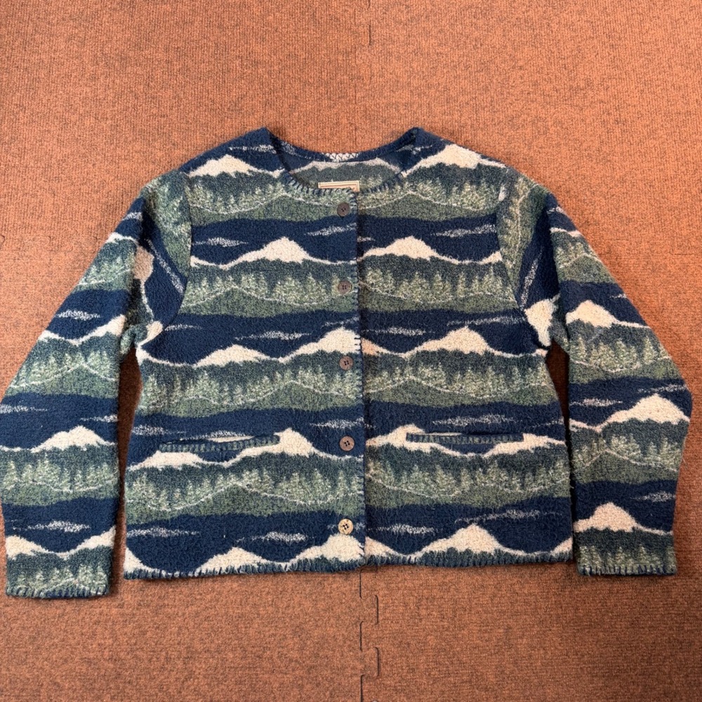 Woolrich Mountain Forest Landscape Cardigan Womens Small Blue Green Made in USA